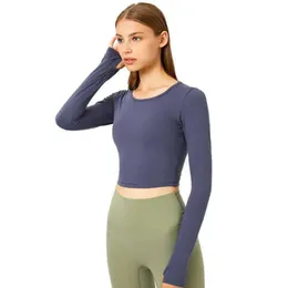 Crop Lu-09 Top Donna T-shirt da yoga Top sportivo solido Camicie da corsa a maniche lunghe Sexy Ombelico esposto Quick Dry Fitness Palestra Sport W H High igh