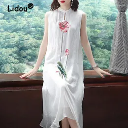 Casual Dresses Women Chinese Style Embroidery Flower Vintage Elegant Party Summer Fashion Sleeveless Loose Irregular Midi Dress Vestido