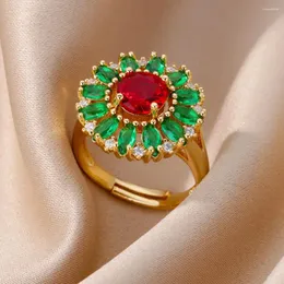 Klusterringar kubik zirkoniumblomma för kvinnor lyx justerbart rostfritt stål ring 2024 Trend blommig elegant estetiska smycken anillos