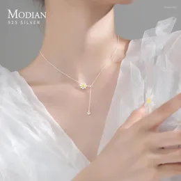 Hängen Modian Romantic 925 Sterling Silver Emalj Falling Petal Daisy Tassel Zirconia Pendant Necklace For Women Fine Jewelry Girl Gift