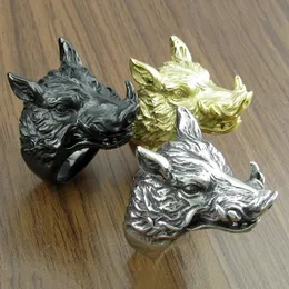 Punk Silver Color Black Golden Plated 316L Stainless Steel Hop Mens Wild Boar Head Ring Animal Jewelry 240202