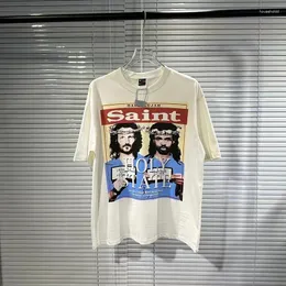 Мужские футболки с портретом Святого Михаила и буквенным принтом с коротким рукавом High Street, винтажная стирка для мужчин и женщин, объемный рисунок 1:1