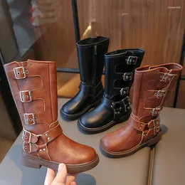 Botas crianças alta 2024 outono inverno couro antiderrapante sapatos quentes meninas moda princesa macio preto