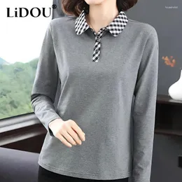 Women's T Shirts 2024 Spring Autumn Polo Collar Long Sleeve Button T-shirts Women Elegant Fashion Casual Loose Pure Cotton All-Match