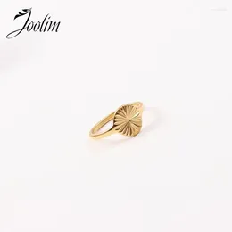 Cluster Rings Joolim Jewelry High End Pvd Wholesale Waterproof Simple Dainty Round Seal Light Burst Stainless Steel Finger Ring For Women