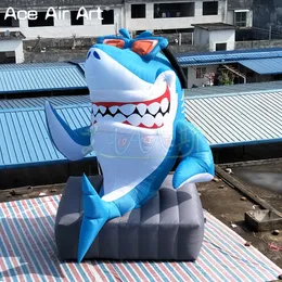 wholesale Custom 5mH 16.4ft high inflatable funny shark sitting on the stone inflatable shark model for advertisement or entertainment