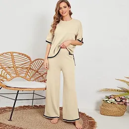 Damen zweisteuelhafte Hosen Frühlings Sommerstrickwaren Frauen Kurzarm Set Solid Color Fashion Slit einfach lässige lockere Weitbeins lange Frau 2