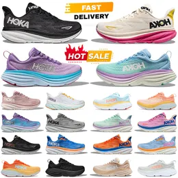 2024 Hoka 달리기 운동화 Hokas Shoes Womens Mens Bondi 8 Clifton 9 트리플 블랙 흰색 핑크색 오렌지색 블루 회색 보라색 남성 여성 야외 스포츠 트레이너