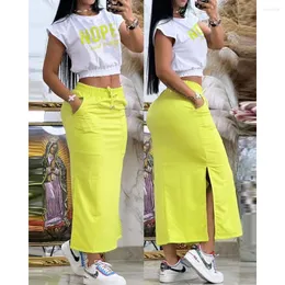 Gonne Donna Estate Lettera Stampa Crop Top Tasca Decor Coulisse Spacco laterale Gonna lunga Set Due pezzi Abiti Y2k