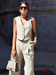 Women's Two Piece Pants KONDALA Casual Apricot Solid Button Zipper Pocket Chic Women Suit Sleeveless V Neck Waistcoat Straight Fashion 2024