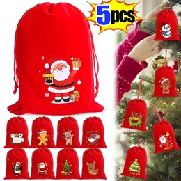 Decorações de natal 5/1 pçs sacos de veludo feliz tecido cordão bolsa doces presente saco agradável pulseiras embalagens de jóias 2024 ano