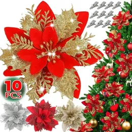 Fiori decorativi 5/10 pezzi scintillanti fiori artificiali di Natale fiori finti ornamenti pendenti per albero di Natale decorazioni per feste di anno