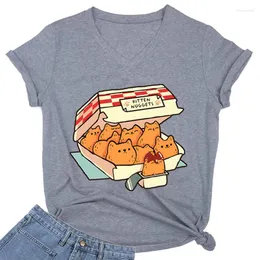Women's T Shirts Kitten Nuggets Fast Food Cat T-Shirt Women Harajuku Tee Femme Fashion T-shirts Graphic V-neck Camisetas