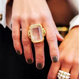 French Vintage Sugar Cube Natural Stone Crystal Ring Female Exaggerated Vacuum Gold Plated High End Light Jewelry