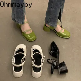 Mary Jane Ayakkabı Toka Pompalar Kadınlar Kalın Topuklular Zarif Sığ Kare Ayak Ayakkabı Moda Açık Mekan Ayakkabı 240124