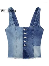 Tanques femininos Willshela Mulheres Moda Denim Patchwork Crop Top Único Breasted Cropped Camisole Vintage Straps Square Collar Feminino Chic