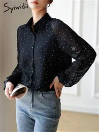 여성용 블라우스 Syiwidii ​​Pokal Dot Shirt for Women Spring 2024 버튼 업 Lantern Sleeve Chiffon Tops Elegant Office Ladies Long