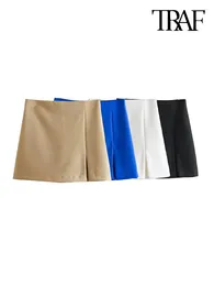 Shorts femininos traf mulheres moda frente fenda saias vintage cintura alta lado zíper feminino skort mujer