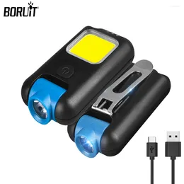 Flashlights Torches BORUiT Mini Keychain Flashlight TYPE-C Rechargeable Camping Working Lamp 5 Modes Portable LED Mutifuction Torch COB Side