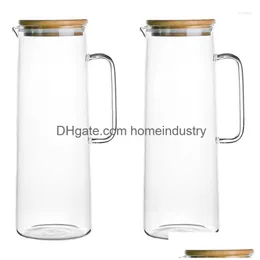 Garrafas de água 2x 1.7l jarro de vidro com alça tampa de bambu resistente ao calor chaleira fria capacidade jarro de suco de chá drop entrega dh93t
