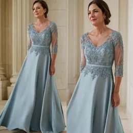 Long Blue Mother of the Bride Dresses V Neck 3/4 Mangas Aplicado Mãe de renda de laço Aplicado Vestidos de mãe para mulheres negras de casamento