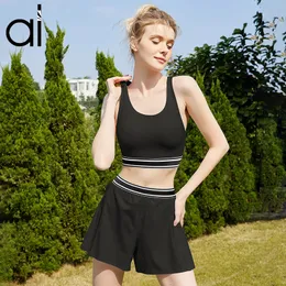 Al Yoga Suits Sports Bras Vest+짧은 바지 일치하는 레깅스 테니스 스커트 반바지 고 충격적인 스웨트 셔츠 U 자 모양의 매끄러운 브라 가짜 두 조각 복서 스타일