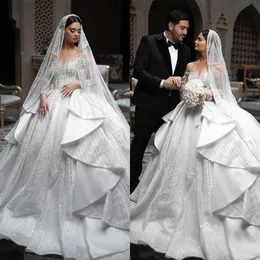 Romantic Ball Gown Wedding Dresses Off Shoulder Sequins Lace Design Pleats Sweep Train Backless Bridal Gown Custom Made Plus Size Vestidos De Novia