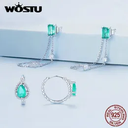 Studörhängen Wostu 925 Sterling Silver Dewdrop Ear Clips Aqua Chain med blågrön transparent glas för kvinnor Fin smycken gåva