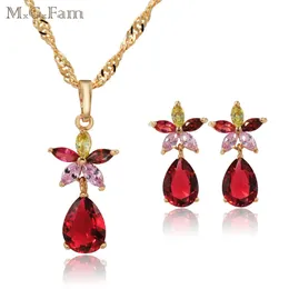 MxGxFam Set di gioielli Red CZ per donna Fiore multicolore Goccia d'acqua 18 k Oro giallo Colore 45 cm Catena a onda 240125