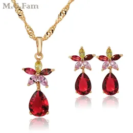 MxGxFam Red CZ Schmucksets für Damen, mehrfarbig, Blumentropfen, Wasser, 18 Karat Gelbgold, 45 cm Wellenkette 240125