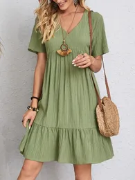 Party Dresses Vintage Boho Mini Dress Women Summer Fashion Loose Casual Beach Female High Waist Short Sleeve V Neck Flowing A-Line Lady