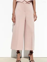 Women's Pants 2024 Women Summer Wide Leg Casual Solid High Waist Pockets Ankle-Length Female Elegant Street Trousers