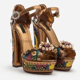 2024 bayanlar elmas inci nakış 14cm tıknaz yüksek topuk sandalet 3cm düz form açık peep-toes Avrupa amerikan saray ayakkabıları kahverengi mavi boyut 35-43