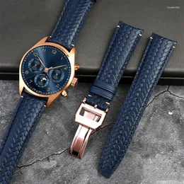 شاهد عصابات عالية الجودة لبشرة البقر المنسوجة من أجل IWC IW344205 Portugieser Pilot Watches Portofino Blue Soft Leather Strap 22mm