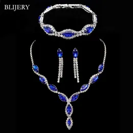 BLIJERY Elegante set di gioielli da sposa in cristallo blu royal strass collana lunga nappa orecchini bracciale da sposa 240202
