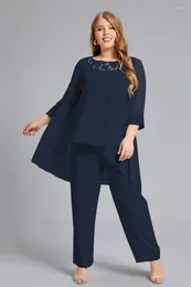 Pantaloni a due pezzi da donna Taglie forti Pantaloni per la madre della sposa con paillettes Rete a tre pezzi Completi con pantaloni Chiffon Casual coordinato Elegante abito basic