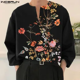 Men's Casual Shirts 2024 Men Shirt Flower Printing V Neck Long Sleeve Streetwear Loose Clothing Autumn Fashion Camisas S-5XL INCERUN