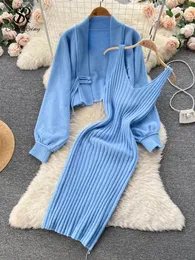 Work Dresses SINGREINY Fashion Vintage Sweater Two Pieces Sets Women Knit Cardigan Midi Camis Dress Autumn Streetwear Loose Knitted Suits