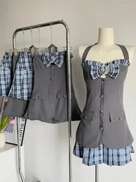 Sukienki robocze Koreańska moda 2 -częściowa sukienka Zestaw Kobieta bez rękawów Kamizelka Vintage Tops Plaid Y2K Mini spódnica Slim Elegant Suit Owewear 2024 Summer