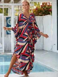 Mulheres Swimwear Sexy Rayon V Neck Kaftan Vestido para Mulheres Beach Cover-up Solto Bohemian Maxi Swimsuit Cover Up 2024 Robe BeachwearTúnica