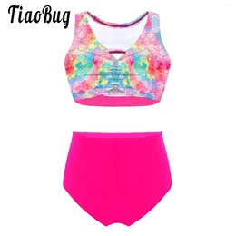 Clothing Sets Girls Kids 2 Pieces Athletic Print Crop Tops Vest And Shorts Set Gymnastics Ballet Leotards Dance Outfits Yoga Sports