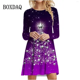 Casual Dresses Shiny Stars Christmas Tree Print Dress Elegant Women Fashion Long Sleeve Loose 2024 Autumn Winter Party Mini
