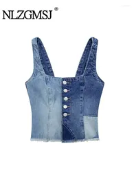 Serbatoi da donna Nlzgmsj TRAF 2024 Estate Orlo Grezzo Patchwork Gilet di Jeans Donna Top Designer Senza Maniche Bottone Jeans Corti Canotta