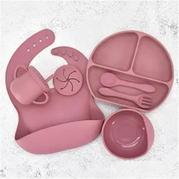 Tazze Piatti Utensili Tazze 7 Pezzi Set Baby Sile Set da tavola Alimentazione Bpa Ciotola Piatto Bavaglini Cucchiaio Forchetta Set Bambini Antiscivolo Dinnerwar Dho5J