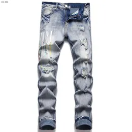 Jeans ricamati distintivi da uomo alla moda Marchio di moda americano Pantaloni stampati in colore chiaro elasticizzato Cuciture gamba dipinta Arcobaleno 240130