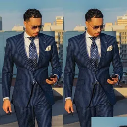 Suits Blazer Mens Blazers Classic Navy Blue Chalk Stripe Wedding Tuxedos Passar Två stycken Formell Business Jacket Groom Tuxedo Drop Dhati