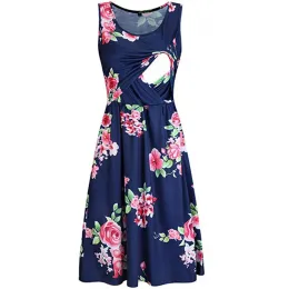 Dresses 2022Maternity Dresses Fashion Maternity Dress Sleeveless V Neck Print Mid Length Dress Maternity Wear Nursing Wear