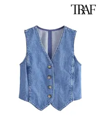 Traf Women Fashion Front Button Denim Waistcoat Vintage V Neck Sleeveless Female Outerwear Chic Vest Tops 240125