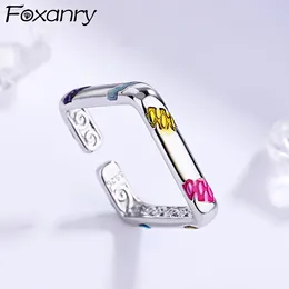 Anelli a grappolo Foxanry Anello geometrico quadrato color argento per le donne Coppie Moda creativa multicolore Goccia Smalto Regali di gioielli per feste