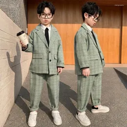 Kläderuppsättningar 2024 Plaid Boy Formal Suits Grey Dress Children Weddo Tuxedo Kids School Uniform Gentleman Teenager Patry Clothes